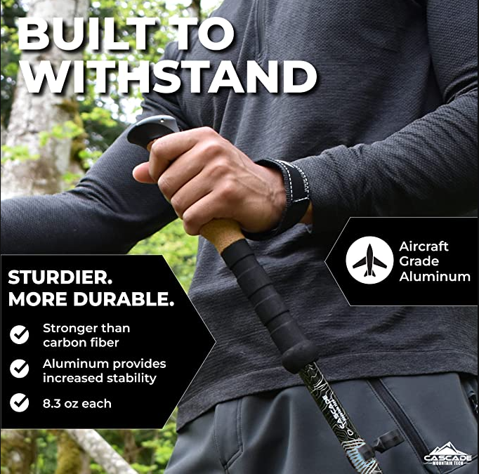 Hiking Cascade Mountain Tech Lightweight Aircraft-Grade Aluminum Trekking Poles with Extended Down Grip Plus Tip Kit and Travel Bag