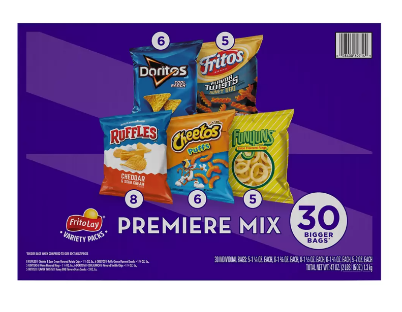 Frito Lay Variety Pack of Snacks and Chips, Premiere Mix, 30 ct.