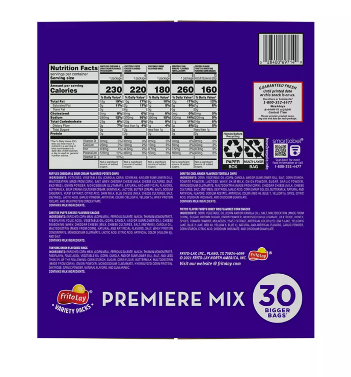 Frito Lay Variety Pack of Snacks and Chips, Premiere Mix, 30 ct.