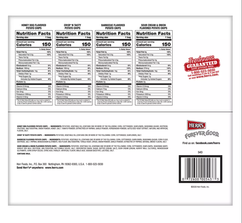 HERR'S Pack & Snack Multi-Pack Potato Chips, 42 pk./0.5 oz.
