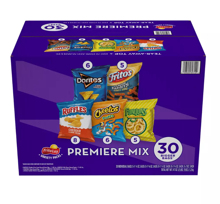 Frito Lay Variety Pack of Snacks and Chips, Premiere Mix, 30 ct.