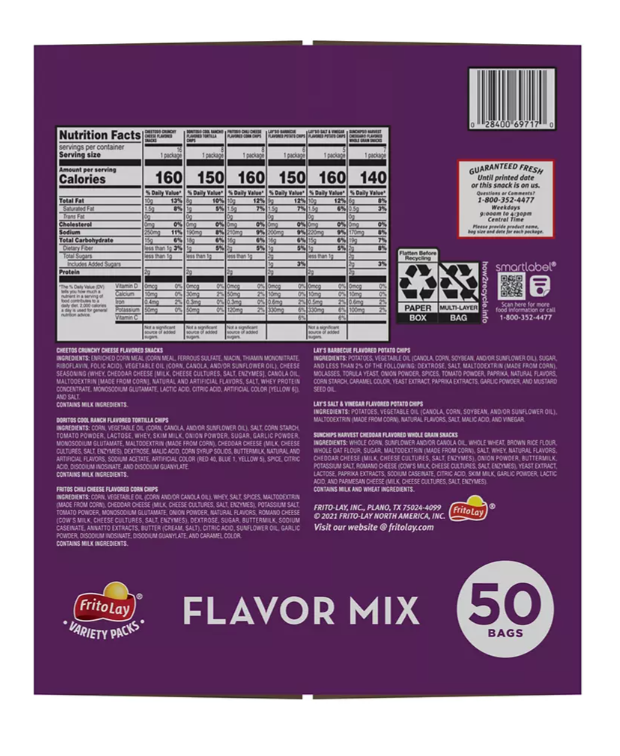 Frito Lay Variety Pack of Snacks and Chips, Flavor Mix, 50 ct.